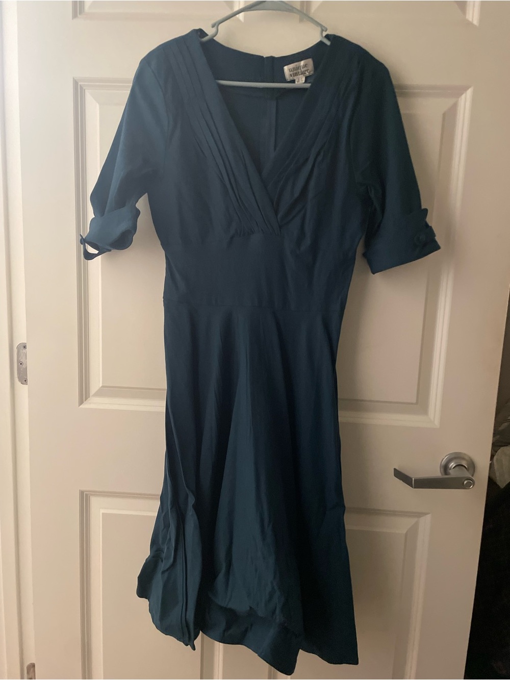 Unique Vintage Teal V-Neck Midi Dress